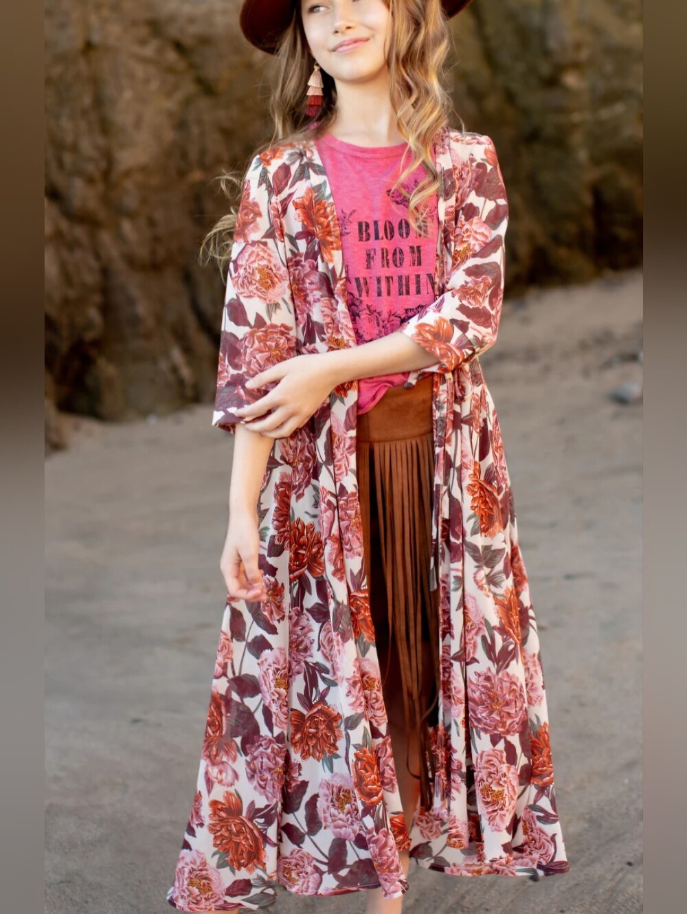 Joyfolie Katherine Toddler Girls Floral Maxi Kimono Duster - Blush Floral 2T